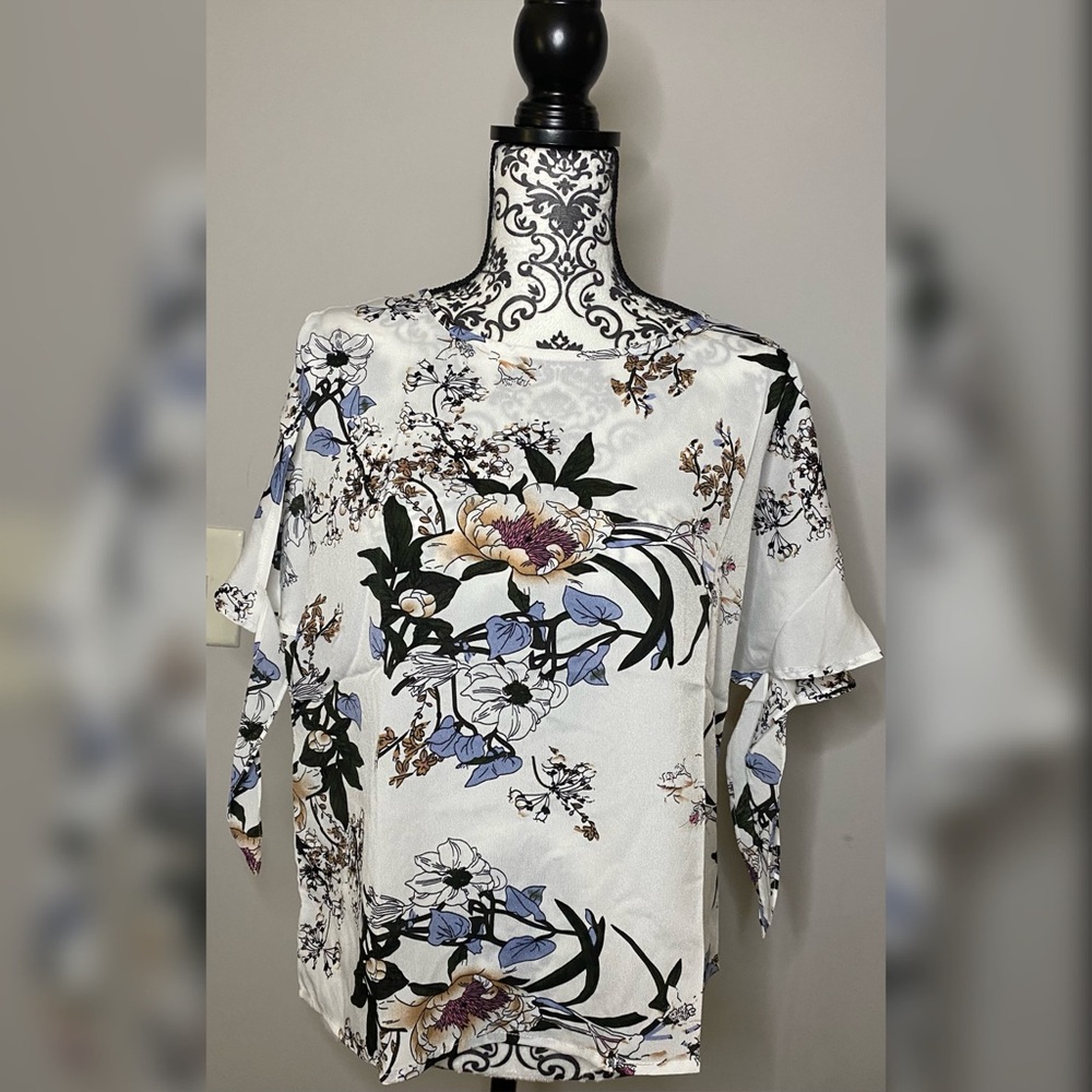 Sheer printed tie-sleeve blouse